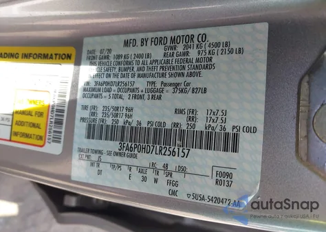 2020 Ford Fusion Se из США, поврежденный, VIN 3FA6P0HD7LR256157